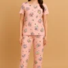 Women’s premium satin printed pajama night suit set with short sleeve top and full-length pants