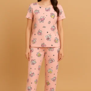 Home Women’s premium satin printed pajama night suit set with short sleeve top and full-length pants