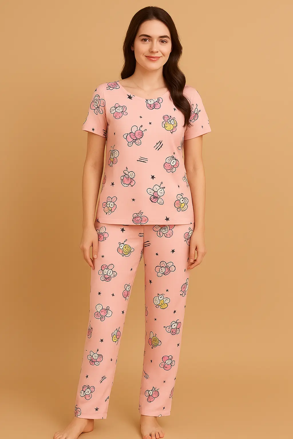 1dbbd999 a0d0 4eb0 b3d9 99730d66d78e Women’s premium satin printed pajama night suit set with short sleeve top and full-length pants