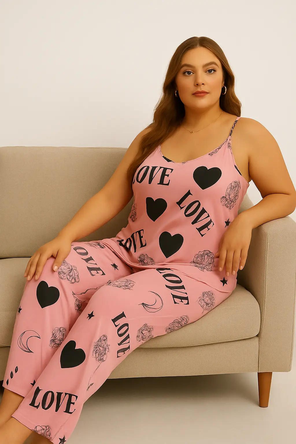 flynery satin night suit for women stylish printed pajama set | plus size sleepwear Side angle of satin nightwear set for women, showcasing relaxed-fit pants and soft camisole design.
