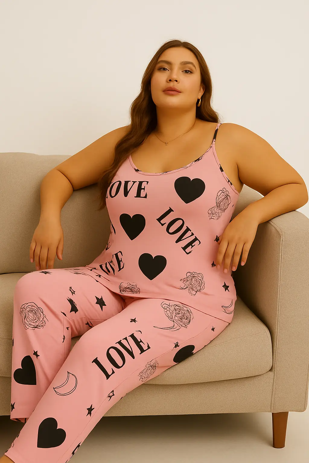 flynery satin night suit for women stylish printed pajama set | plus size sleepwear Close-up of printed satin fabric showing Love, hearts, and floral rose patterns for women’s night suit.