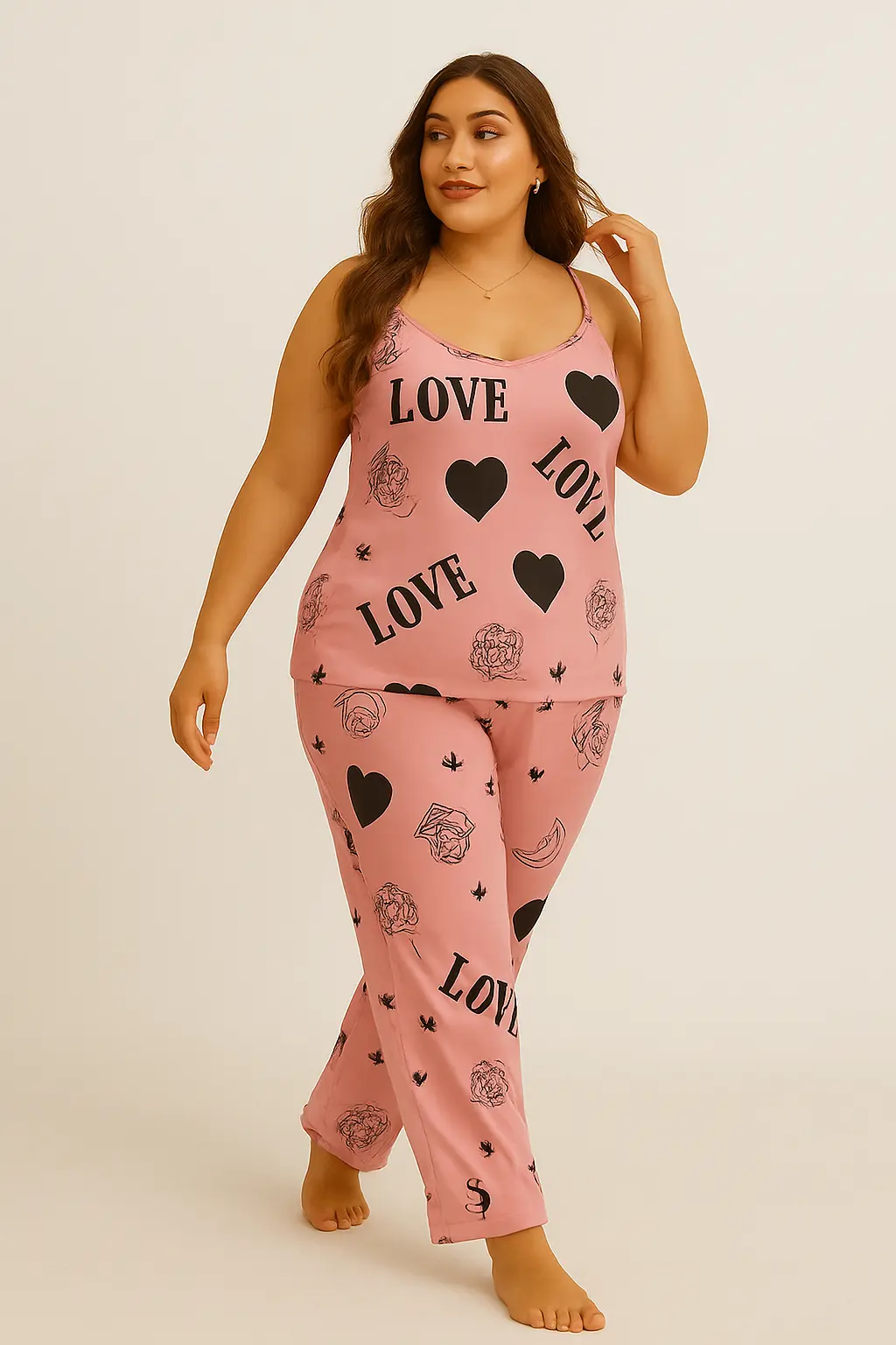 flynery satin night suit for women stylish printed pajama set | plus size sleepwear Front view of women’s satin pajama set with heart, moon, and rose print, perfect for stylish nightwear.