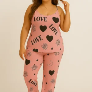 Home Women’s plus-size satin night suit featuring sleeveless top and printed pajama pants with Love and rose motifs.