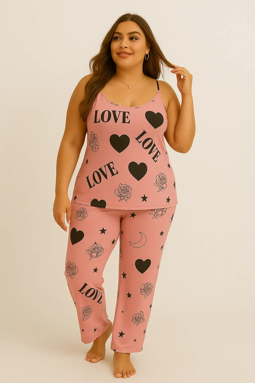chatgpt image aug 28, 2025, 01 52 09 pm Women’s plus-size satin night suit featuring sleeveless top and printed pajama pants with Love and rose motifs.
