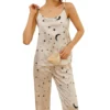 Front and back view of celestial print satin night suit for women with camisole and pajama bottoms