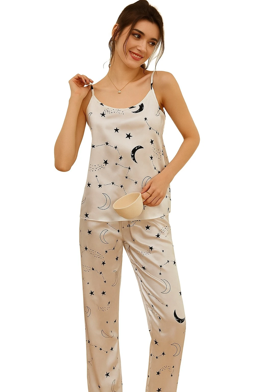 webp (2) Front and back view of celestial print satin night suit for women with camisole and pajama bottoms