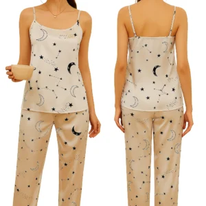 Home Women’s satin pajama set with moon and star print, sleeveless top and full-length pants