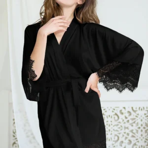 Home Back view of maroon kimono bathrobe for women, lace sleeve detail